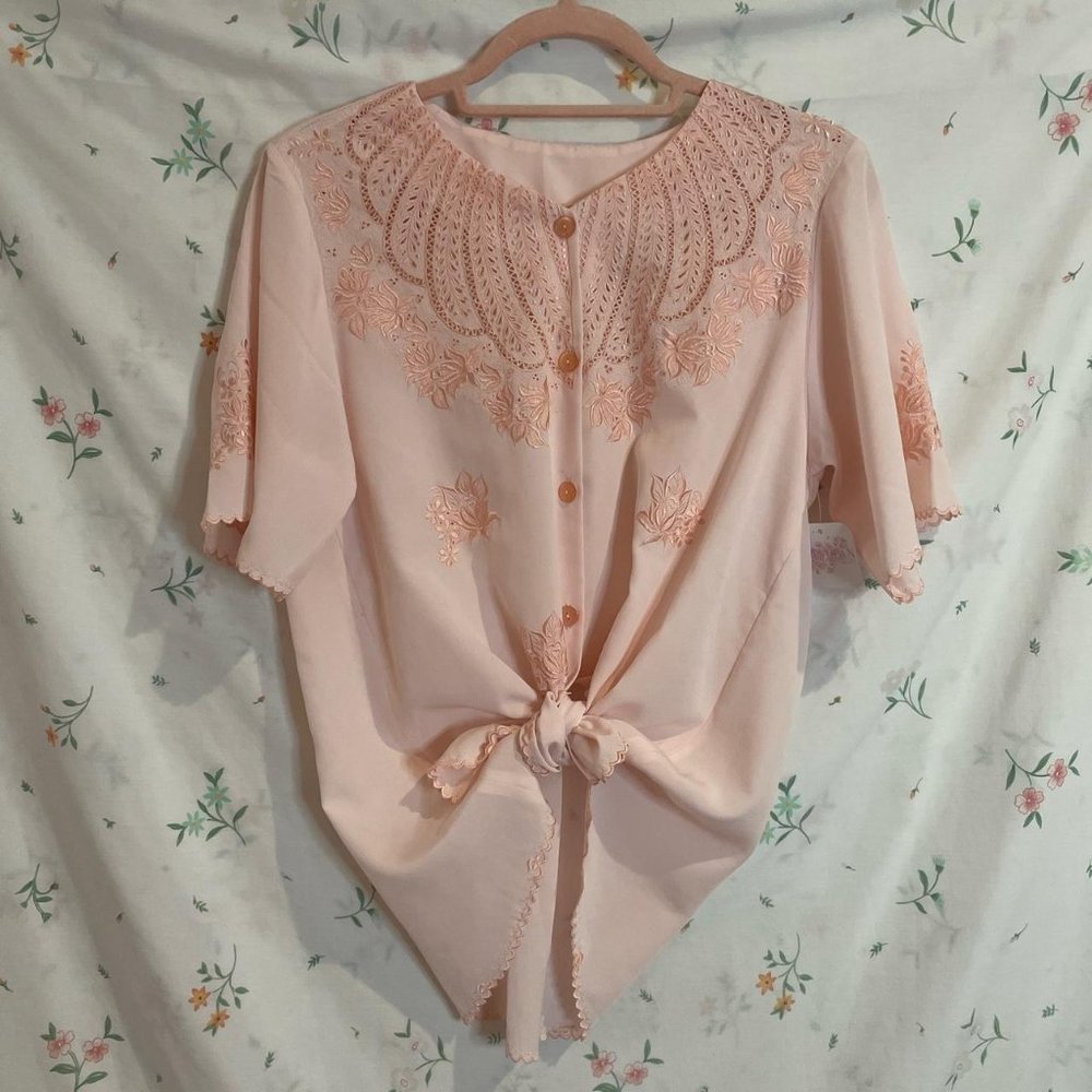 Vintage 90s Peach Pink Floral Embroidered Blouse Size L
